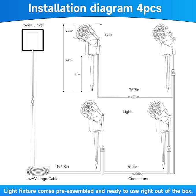 Outdoor Landscape Lighting Low Voltage, 29.5FT Wired LED Spot Light with Plug-in Transformer, IP65 Waterproof Outside Uplight 7W 840LM for Yard Garden Tree Pathway House, Warm Yellow 3000K, Pack of 4