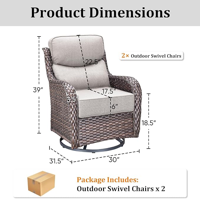 Luxury Outdoor Swivel Rocker Patio Chairs Set of 2 with 6-Inch Thick Cushions, High Back Swivel Patio Chairs Wicker Outdoor Gliders for Porch, Yard, Deck, Poolside, Brown/Beige