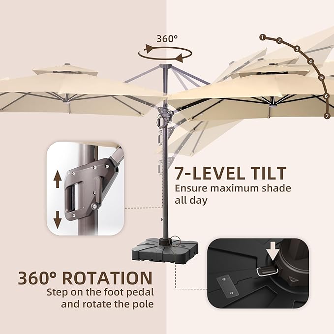 9 X 12 FT Cantilever Outdoor Patio Umbrella with Base Included Large Heavy Duty 360° Rotation Double Top Offset Rectangular Umbrellas with LED Lights for Backyard Outside Deck, Beige