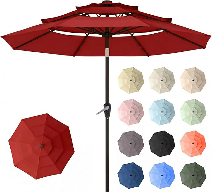 10ft Patio Umbrella, 3 Tier Outdoor Market Table Umbrellas with 8 Fiberglass Ribs and Push Button Tilt, Windproof, Vented Canopy, UV Protection for Deck, Pool, Backyard