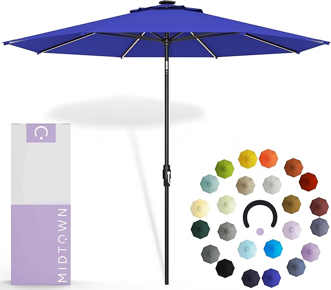 Midtown Umbrellas The LED Swilt 8 Feet Patio Umbrella With Terylast Midnight (Royal Blue) Polyester Fabric - Auto-Tilt Aluminum Frame With LED Lights For Backyard, Deck, Garden, Pool - Black Pole