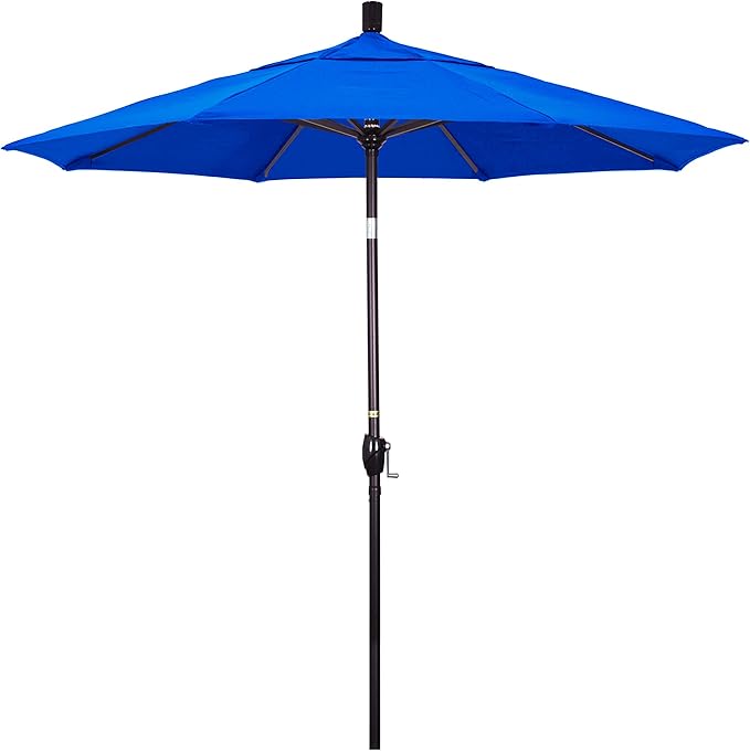 California Umbrella 7.5' Round Aluminum Market Umbrella, Crank Lift, Push Button Tilt, Bronze Pole, Sunbrella Pacific Blue