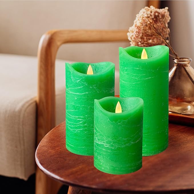 Real Wax Flameless Candles Set of 3 (D 3" x H 4" 5" 6") Battery Operated LED Candle with Timer Home Decorative Pillar Flickering Lights,Wedding Party Events Decor,Green