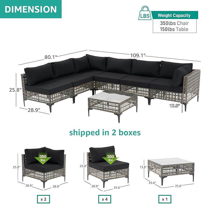 Patiorama 7 Piece Wicker Patio Furniture Set, Metal-Colored PE Rattan Outdoor Sofa Set Patio Sectional with Water Resistant Cushion and Coffee Table, Outdoor Couch, Porch, Backyard-Black