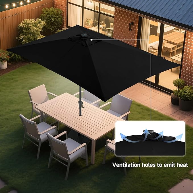 FLAME&SHADE 6.5 x 10 ft Rectangular Solar Powered Outdoor Market Patio Table Umbrella with LED Lights and Tilt, Black
