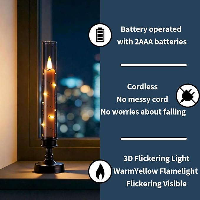 6 PCS Flameless Candles with Timer, Flickering Flameless LED Pillar Candles for Romantic Ambiance with Embedded Star String, Acrylic Battery Perated Fake Candles for Home Decoration (Black)