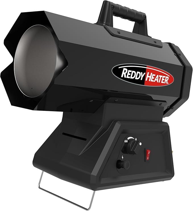 Reddy Heater Hybrid Cordless LP Forced Air Heater, 60,000 BTU, Outdoor Propane Space Heater, CSA Certified, Adjustable Base, Enclosed Motor, 10ft Hose & Regulator, Works w/Dewalt & Milwaukee