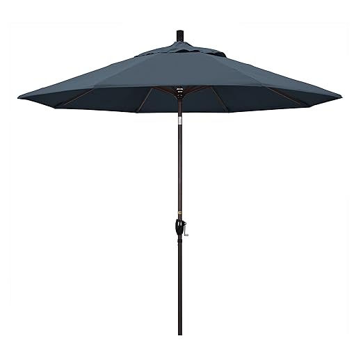 California Umbrella 9' Round Aluminum Patio Umbrella, Crank Lift, Push Button Tilt, Bronze Pole, Outdoor Rated Acrylic fabric, Sapphire