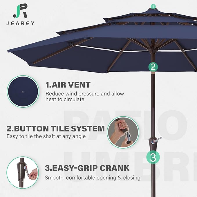 JEAREY 9FT 3 Tier Patio Umbrella Outdoor Market Umbrella Table Umbrellas with 8 Ribs 1.5 Pole Push Button Tilt and Crank UV Protection for Garden,Navy
