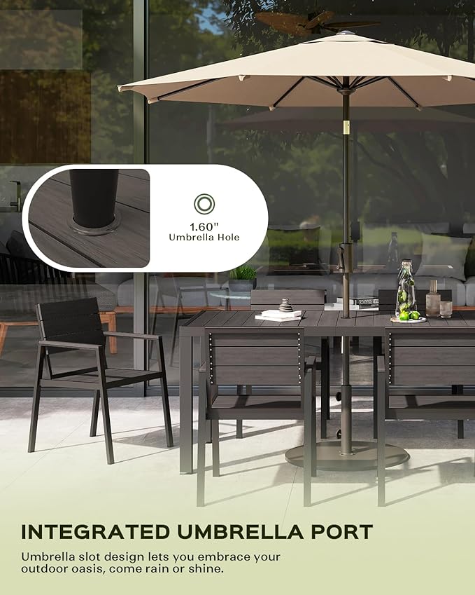 Vexwalx 67" HDPS Outdoor Patio Dining Table, Aluminum-Edged Outdoor Dining Table with Umbrella Hole, Weather-Resistant for Lawn, Garden, Poolside and Indoor Use, Charcoal
