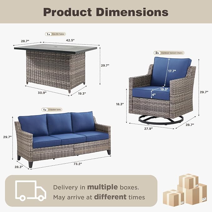 Belord Patio Furniture Set with Swivel Chair and 42.5" Fire Pit Table Sofa, Outdoor Furniture Set for Deck Porch Garden, 4 Piece Conversation Set,Blue