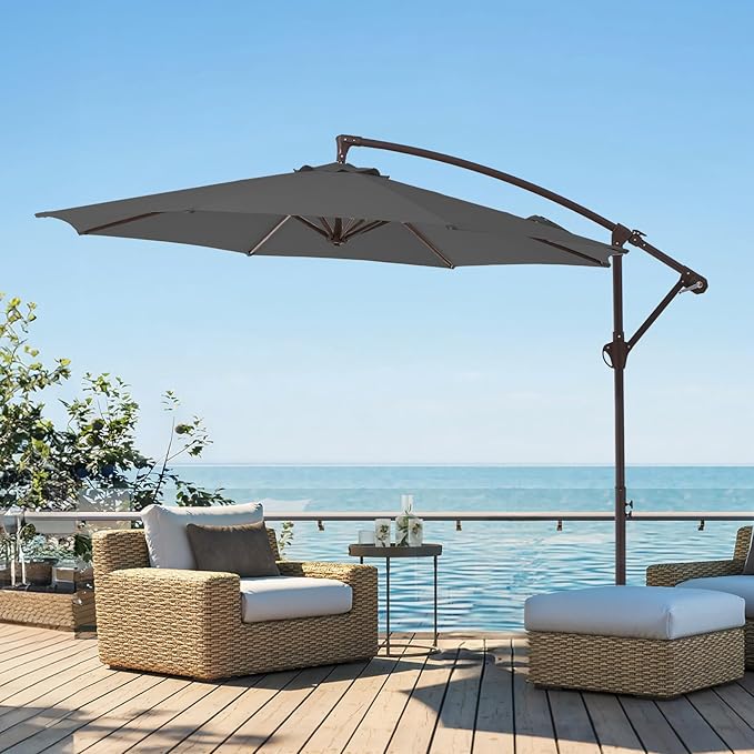 10FT Patio Umbrella, Outdoor Offset Cantilever Umbrella with Sturdy 8 Ribs and Reinforced Base, Easy Tilt Adjustment for Backyard Pool Garden,Grey