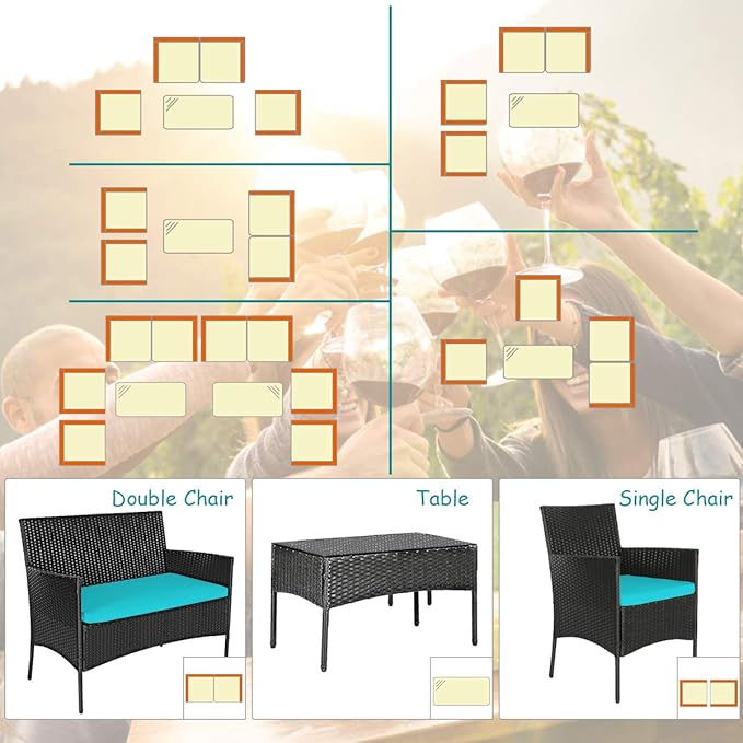 Tangkula 4 Piece Patio Furniture Set, Outdoor Wicker Conversation Set with Tempered Glass Coffee Table, Rattan Loveseat & Chairs Set with Seat Cushions for Backyard, Garden, Poolside (1, Turquoise)