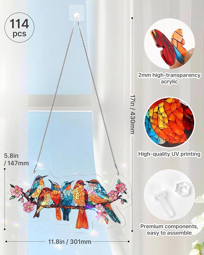 Acrylic Puzzle Suncatcher 114 Pieces, Blossom Songbirds Sun Catchers Puzzle, DIY SunCatchers Puzzles Window Hanging, Home & Garden Decor, Gifts for Family and Friends, 11.8 * 5.8 in