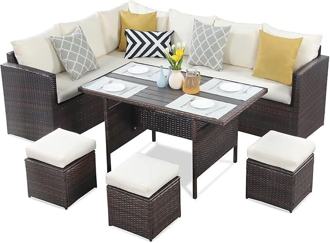 Wisteria Lane Patio Furniture Set, 7 Piece Outdoor Dining Sectional Sofa with Dining Table and Chair, All Weather Wicker Conversation Set with Ottoman, Brown