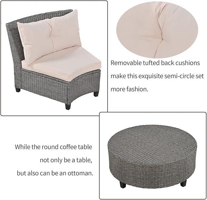 Half-Moon Patio Furniture Sets Outdoor Conversation Set, PE Rattan Sectional Conversation Sofa Set with Thick Cushions and Table for Garden Lawn Pool Backyard, Beige