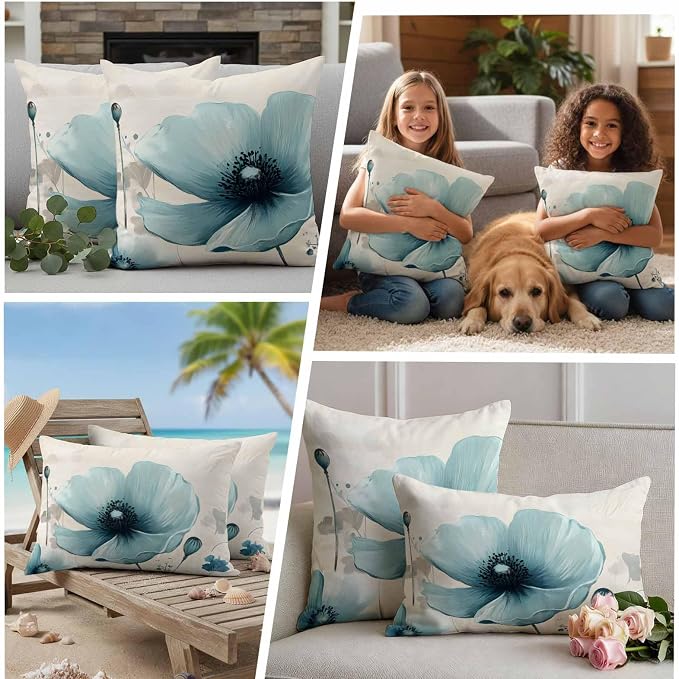 Blue Flowers Butterfly Outdoor Waterproof Throw Pillow Covers Set of 2, 16"x16", Watercolor Retro Leaf Pastoral Style Decorative Pillow Covers Outside Cushion Case for Patio Porch Garden