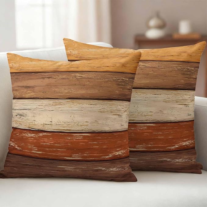 Farmhouse Burnt Orange Brown Outdoor Waterproof Pillow Covers, Vintage Wooden Striped Decorative Square Throw Pillowcase Sofa Cushion Sham for Patio/Couch/Chair, 26"x26" 2 Pack