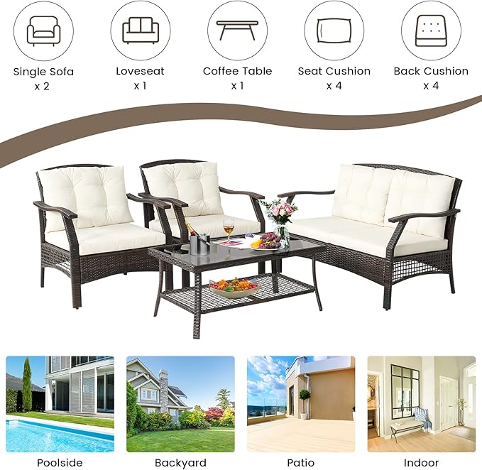 HAPPYGRILL 4 Piece Outdoor Rattan Conversation Set, Patio Rattan Sofa Set with Protective Cover, Soft Seat & Back Cushions, Patio Furniture Set with Sturdy Steel Frame