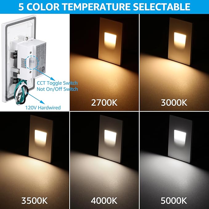 LEONLITE 5CCT 120V LED Step Lights, 3.5W 150LM 5%-100% Dimmable Indoor Outdoor Waterproof Vertical Stair Light, 2700K/3000K/3500K/4000K/5000K Selectable, CRI90, ETL, Aluminum, White, Pack of 6