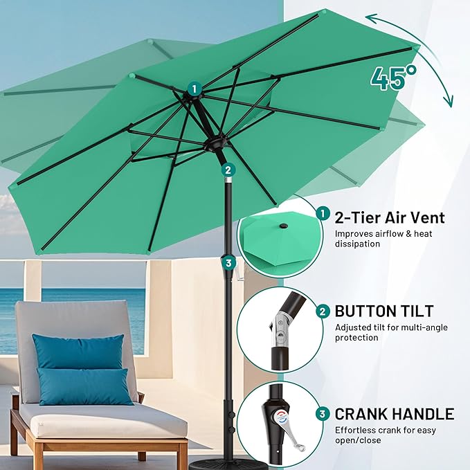 AreShark 10ft 2 Tiers Patio Umbrella - Outdoor Umbrella Waterproof UV Protection, Market Table Umbrella w/Push Button Tilt&Crank for Pool, Porch, Garden(Turquoise)