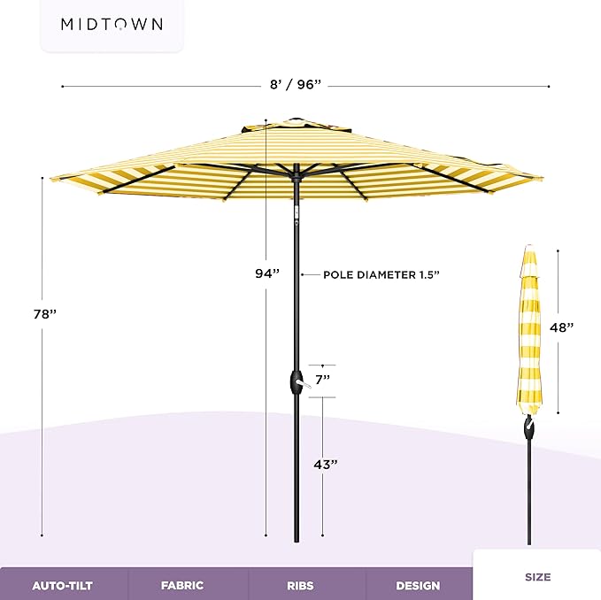 Midtown Umbrellas 10-Year-No-Fade - 8 Ft - UV Proof White/Yellow Stripes Fabric - Umbrella Outdoor Patio, Auto-Tilt Aluminum Frame Patio Umbrella for Garden, Pool & Deck - Black Pole
