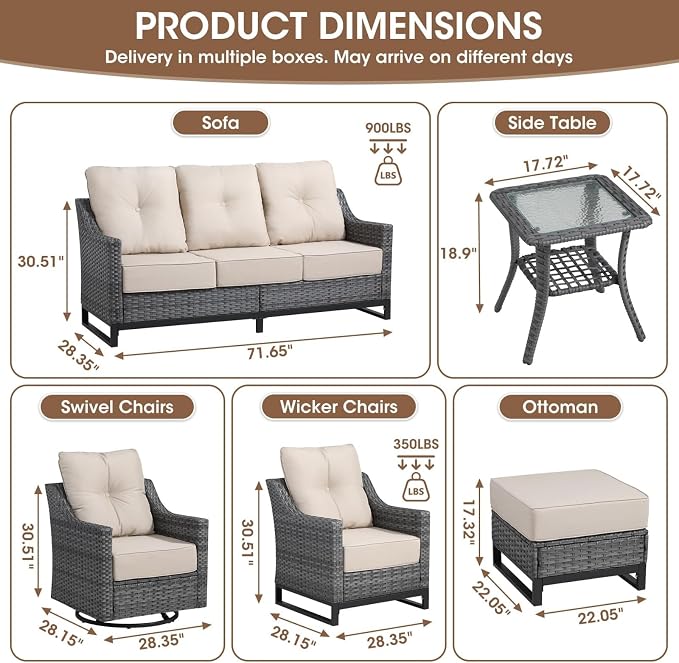 5-Piece Outdoor Patio Furniture Set, Grey Wicker Conversation Set with Sofa, 2 Swivel Chairs and 2 Ottomans, 6-Inch Beige Cushions for Deck, Backyard, Poolside