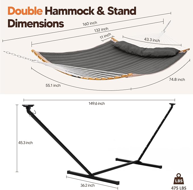 SUNCREAT Double Backyard Hammock with Solar Powered Lights for Outside, 475 lbs Capacity, Heavy Duty Self Standing Hammock with 12 ft Stand, Dark Grey