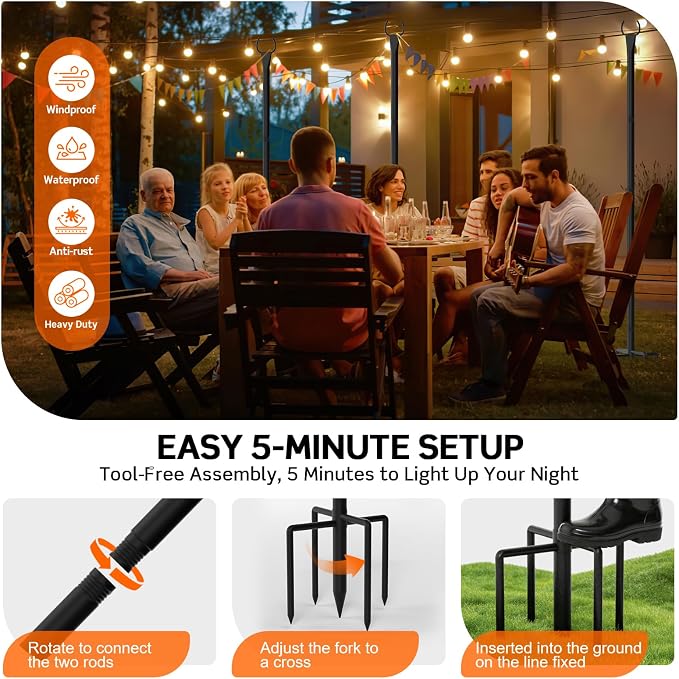 String Light Poles for Outside, 10ft Outdoor Poles for String Lights, Heavy Duty Stepped-in 5-Prong Base Light Pole for Backyard, Patio, Garden, Wedding & Party Decor (6 Pack)