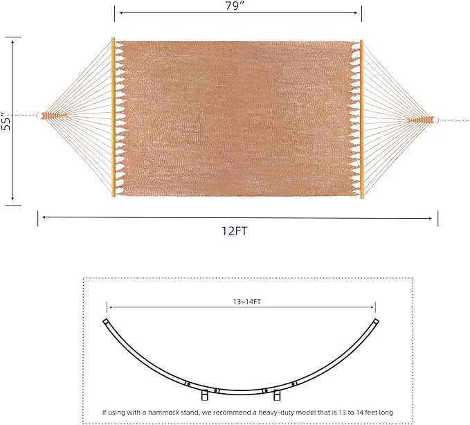 Double Saniwerke Caribbean Hammock, Hand-Woven with Wooden Spreader Bars, 79" Wide x 12 ft Long, Outdoor Indoor Use, Double Person Hammock for Patio Balcony Porch Relaxation, Soft Tan
