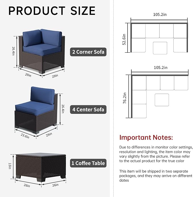 7 Pieces Outdoor Patio Furniture Set, Wicker Modular Sectional Sofa, All Weather Conversation Sets with Glass Table for Yard, Garden, Poolside, Dark Brown Rattan & Navy Blue Cushions