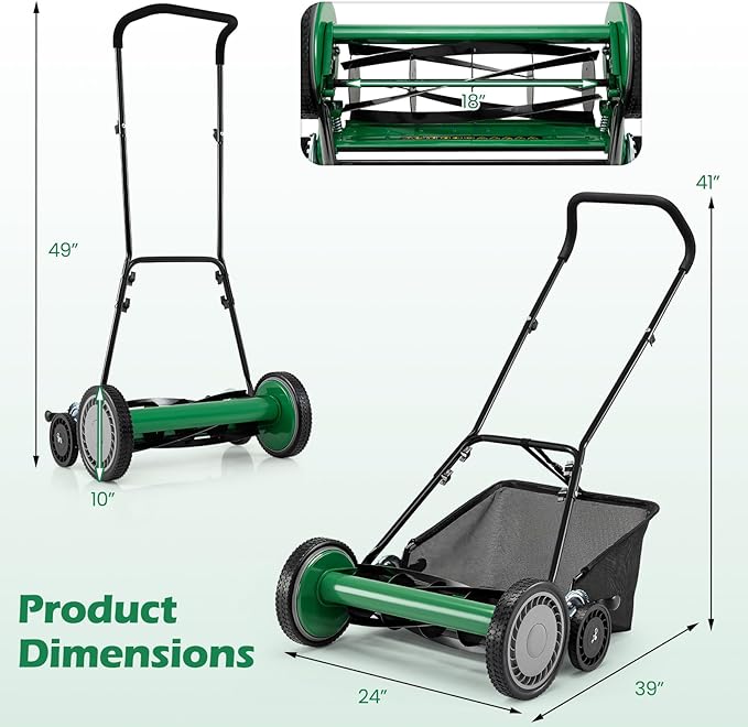 Push Reel Lawn Mower, Cordless 18" Manganese Steel Manual Grass Cutter with 5-Blade, Removable Grass Catcher, 9 Cutting Heights, Walk-Behind Lawn Mower for Garden Farm Yard (Green)