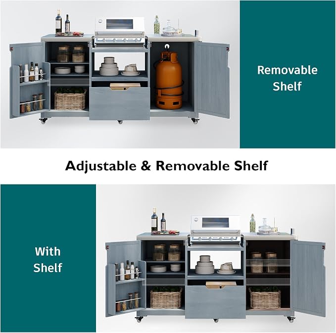 66.5" Large Outdoor Kitchen Island for Big Green Egg Grill, Outdoor Patio Bar Table with Stainless Steel Top and Adjustable Shelf, Rolling Grill Table Cart for Outside, Kitchen, BBQ, Grey Blue