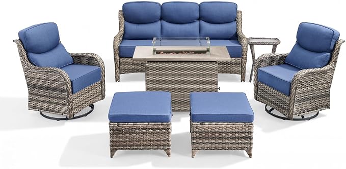 Luxury Patio Furniture Set with 6-inch Thick Cushion, Outdoor Furniture with Fire Pit Table, Swivel Chairs, Sofa, Side Table, Ottomans, 7pcs Wicker Conversation Set Grey Wicker | Blue Cushion