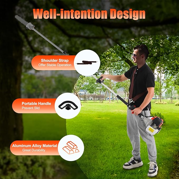 52CC Pole Saw Gas Powered,2 Stroke Gas Pole Chain Saw Cordless Tree Pruner,Extendable Chainsaw Tree Trimmer for Tree Trimming agricultur Pole Saw Gas,Hedge Trimmer W/Extension Pole & Back Strap