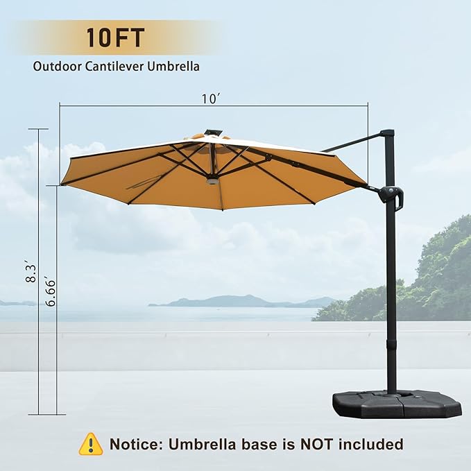Domi 10FT Cantilever Patio Umbrella Solar Powered LED Round Deluxe Offset Umbrella, Aluminum Hanging Umbrella with 360°Rotation, Outdoor Market Umbrella for Outside Deck Backyard Garden Pool, Beige