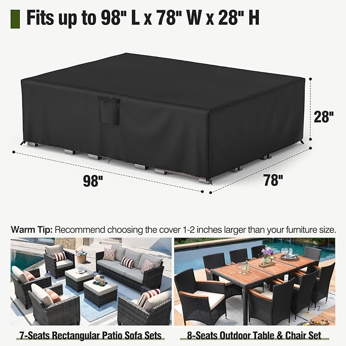 MR.COVER Outdoor Furniture Cover Waterproof, Rectangular Patio Sifa Cover, Summer UV Resistant & Winter Snow Proof 600D Heavy Duty Outdoor Table and Chair Protection Size 98L x 78W x 28H inch