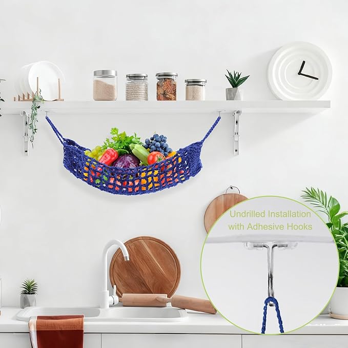 Macrame Fruit Hammock 1 Pack Cotton Fruit Holder Net Under Cabinet Veggie Storage Space Saving Kitchen Decor with Hooks (Sapphire Blue)
