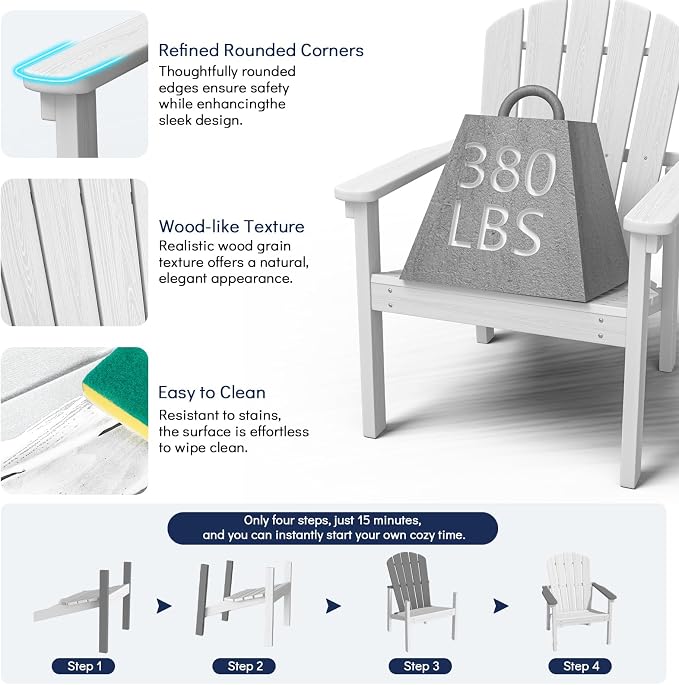 nevilywood Compact Stackable Adirondack Chairs Set of 2,HDPE,380lbs,White | 26.3" Wide HDPE.All-Weather Outdoor.Maintenance-Free.Stackable for Storage.25°Curved Straight Backrest.Quick Assembly
