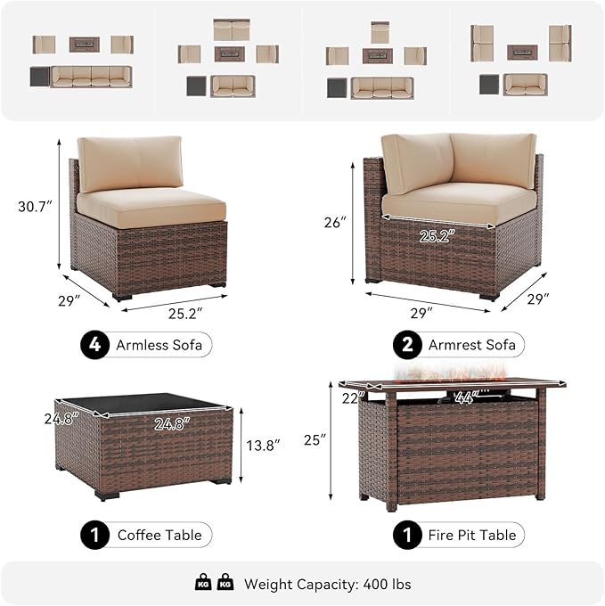 LazySunsets 8-Piece Patio Furniture Set with 44" Fire Pit Table, Wicker Outdoor Furniture, Patio Conversation Sets with Coffee Table, Outdoor Sectional Couch with Waterproof Cover, Beige