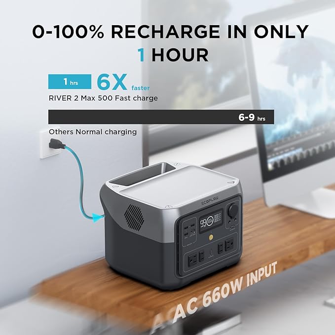 EF ECOFLOW Portable Power Station River 2 Max 500 with 110W Solar Panel, 499Wh LiFePO4 Battery, 1 Hour Fast Charging, Up to 1000W Output Solar Generator for Outdoor Camping/RVs/Home Use