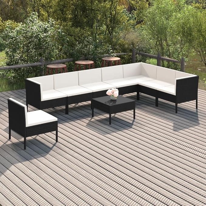 9 Piece Patio Lounge Set with Cushions,Patio Sofa,Outdoor Daybed,Patio Seating,Outdoor Furniture Sets,Patio Conversation Sets,Modern Set,Outdoor Patio Chairs,Patio Furniture Set,Poly Rattan Black