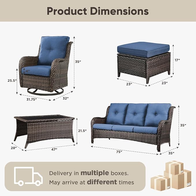 Belord 8 Piece Wicker Patio Furniture Set, Outdoor Swivel Rocker Chairs Set of 4 with Ottomans and Rattan Couch, All Weather Patio Conversation Furniture Set, for Pool,Yard Brown Wicker/Blue