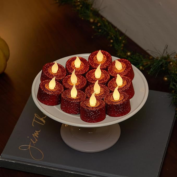 FURORA LIGHTING Red Glitter LED Tealight Candles Pack of 12, Flameless Flickering Tealight Candles for Home Décor, 1.5’’(W) x 1.65’’(H), Battery Operated
