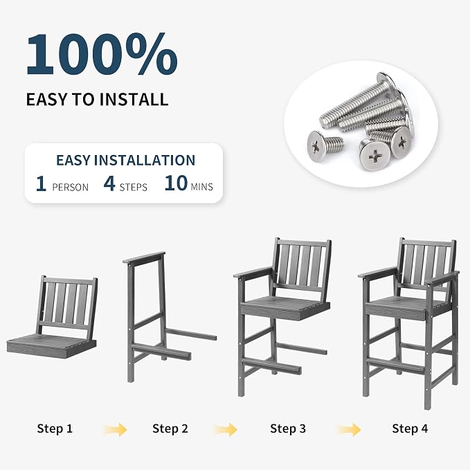 Adirondack Bar Chair Set of 2, All Weather HDPE Counter Height Bar Chair with Wide Armrests & Footrest, Heavy-Duty Outdoor Bar Height Barstools Set for Patio, Balcony, Pool, Backyard, Grey