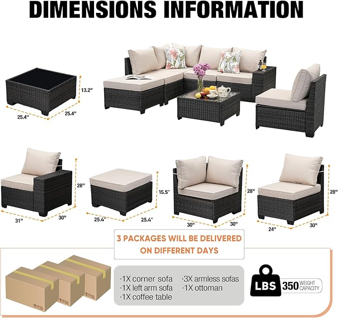 7 Pieces Patio Furniture Set, Wicker PE Rattan Outdoor Sectional with Cushion & Coffee Table, Patio Conversation Sofa for Garden, Backyard, Poolside, Beige