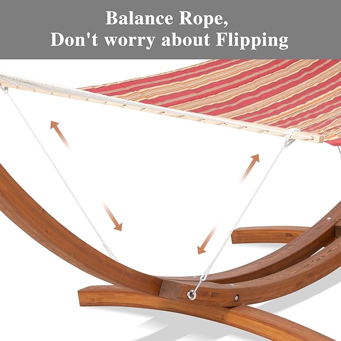 SUNCREAT Rope Hammocks for Outside with Polyester Pad and Stand, Extra Large Double Hammock with Wooden Stand, Red Strips