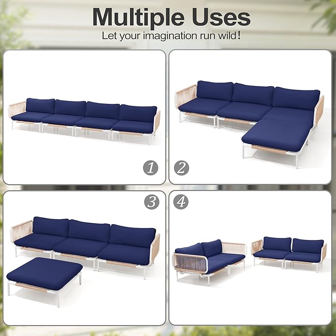 Patio Furniture Set, Outdoor Patio Furniture Oversized Metal Patio Sectional Sofa, 4-Seat Conversation Set with Cushion for Indoor and Outdoor,White Frame and Blue Mat