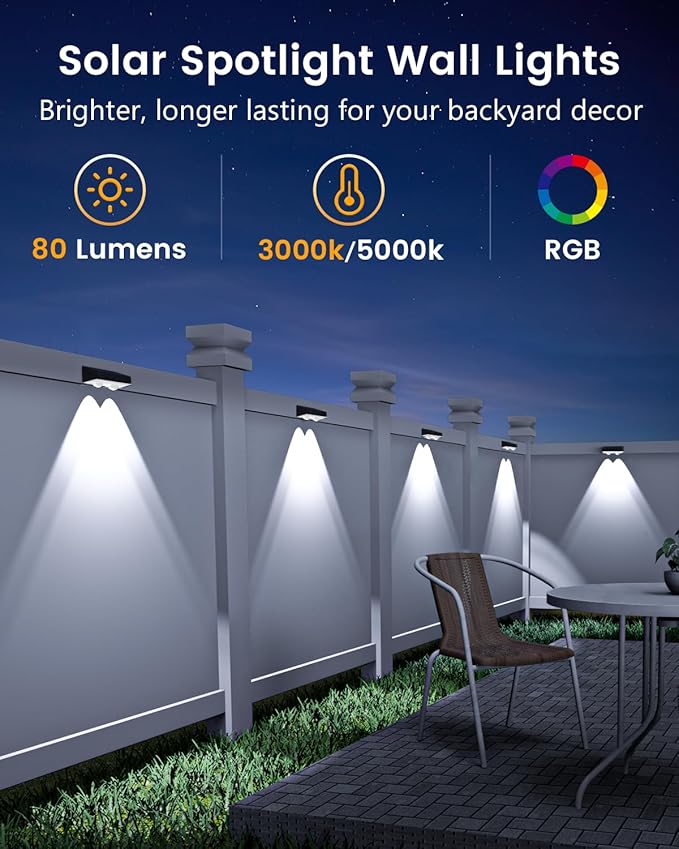 JOFIOS Solar Fence Lights Outdoor Waterproof, 80 Lumens Solar Lights for Fence with Warm White & RGB 8 Colors,Outdoor Solar Light for Deck, Patio, Backyard, Fence, Railing (8-Pack-Black)