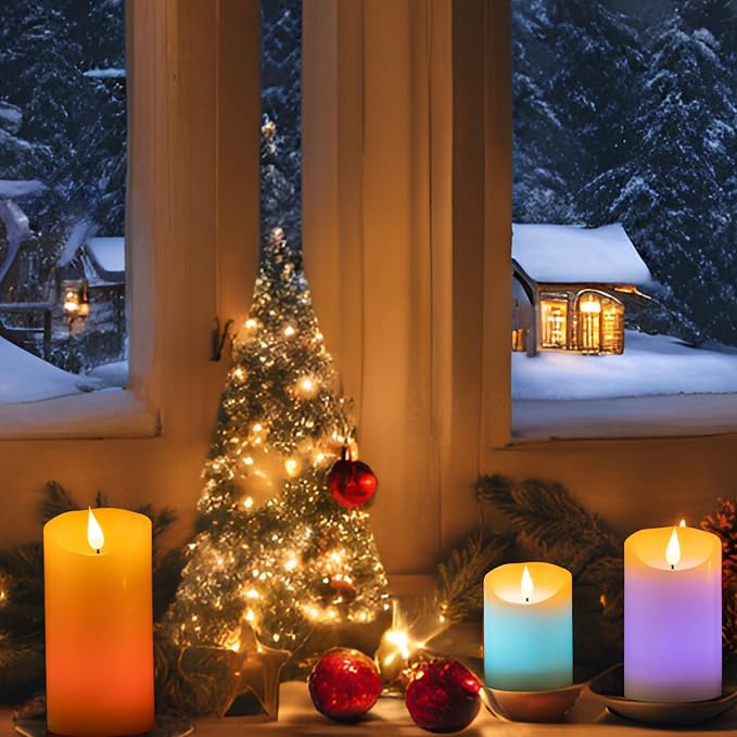 Flameless LED Color Changing Candles, Battery Operated Candle with Remote Control and Timer, Realistic Flame, Dimmable, Pillars for Christmas Party Decoration, D3''xH4''5''6'', 3Pcs